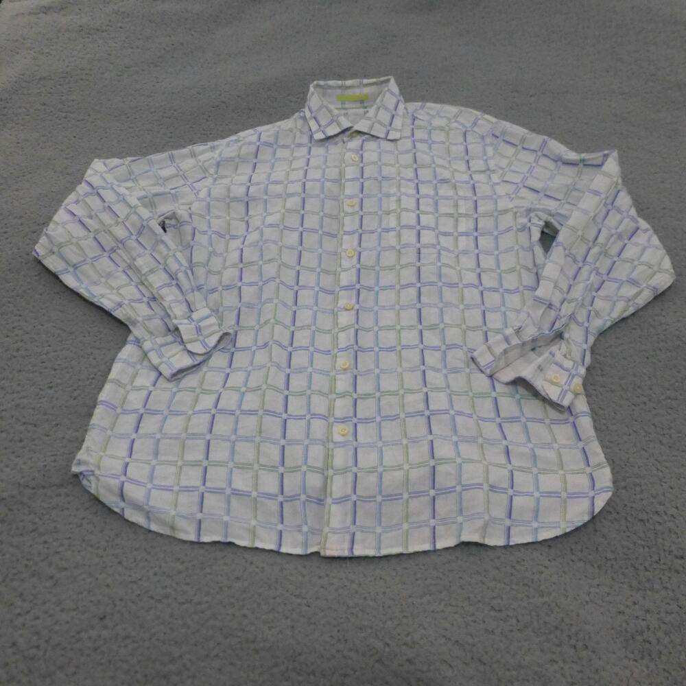 Tommy Bahama Shirt Mens Large Button Up Silk Cotton Check White Long Sleeve